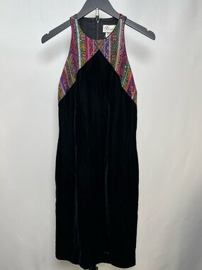 Rimini Black Velvet Midi Dress with Multicolor Embroidered Yoke